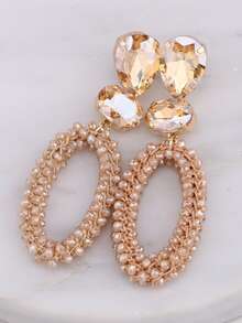 1 Pair Handmade Bohemian Beaded Crystal Oval Dangle Earrings, Handcrafted Jewelry Gift For Women