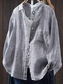 Plus Size Plaid Button Front Drop Shoulder Long Sleeve Woven Shirt With Pockets - Black and White - View 2