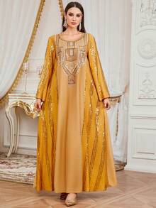 Vestido largo de bata de tela tejida para mujer, cuello redondo largo con lentejuelas brillantes y decoración de bordado, amarillo primavera - Amarillo - Ver 8