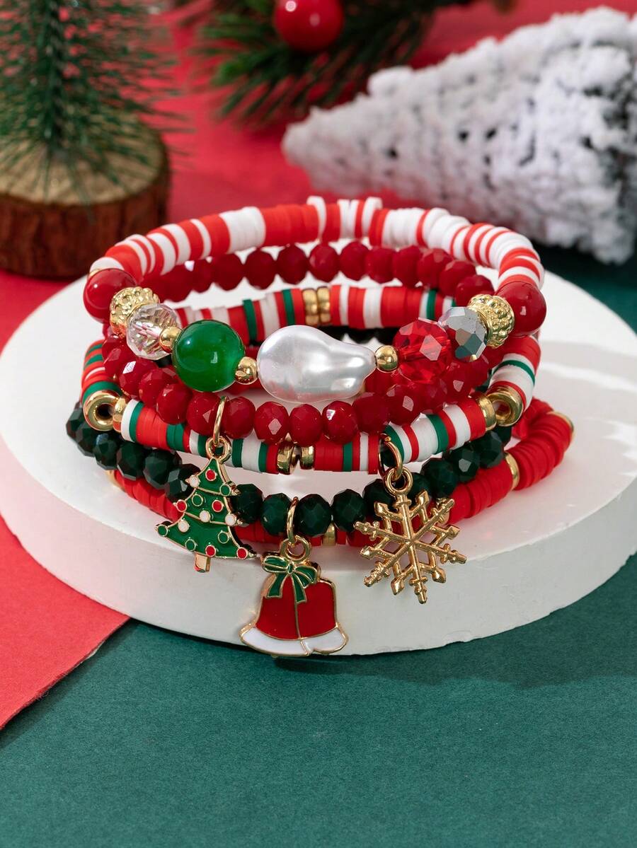 5pcs/Set Christmas Glass Bead, Crystal & Pearl Combination Beaded Elastic Bracelet, Fashion Christmas Gift For Women