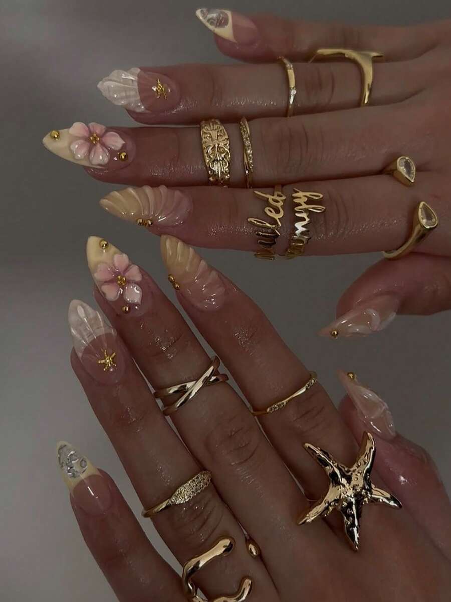 10片Y2K手工按压式美甲贴片，杏仁形假指甲，粉色花朵按压式美甲贴片，法式黄边按压式亚克力美甲贴片，金色圆点和海星装饰设计，1个指甲锉和1个指甲胶贴套装，送给女孩、妈妈和女性的礼物，美白美甲套装，可卸除假指甲，适合节日、派对、约会和日常佩戴的美甲用品