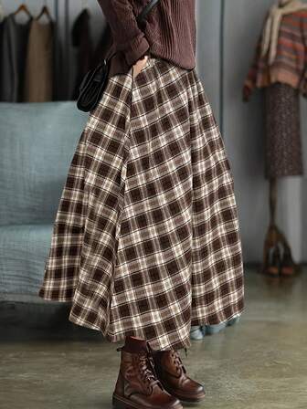 Falda larga a cuadros casual para mujer, otoño/invierno