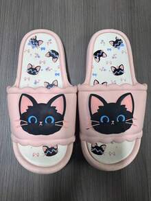 1 Pair Cute & Cool Black Cat Design Women's Summer Slippers, Soft Bottom Indoor/Outdoor House Slipper