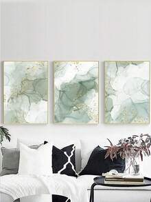 Set de 3 pósteres de arte abstracto en beige, pósteres de arte de pared, con opción de marco - Verde - Ver 9