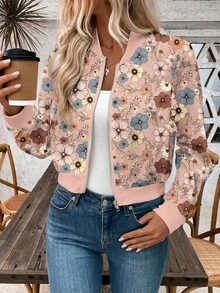 Chaqueta corta con estampado retro informal y cremallera para mujer, Chaquetas de mujer, chaquetas estampadas de mujer, chaquetas de béisbol de mujer - Rosa - Ver 4