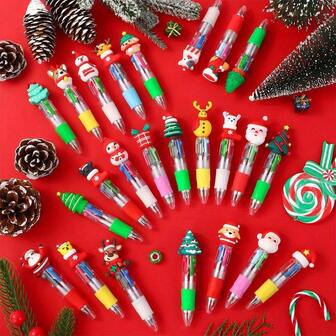 6pcs Christmas Mini 4-Color Retractable Ballpoint Pens, 0.7mm, Cartoon Designs Including Santa Claus, Snowman, Reindeer, Christmas Tree, Socks And Hats - Ideal For Holiday Parties And School Supplies, Adding Perfect Christmas Atmosphere