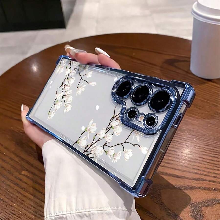 Elegant Floral Design Four-Corner Airbag Electroplated Phone Case Suitable For Samsung GALAXY S25 ULTRA S24 Plus S23 Fe , Compatible With 17 AIR 16 Promax 15 Pro Max Case 14, 13 Cases Protective Black Cover For Both Men And Women Gift. - Màu xanh lam - Xem 1