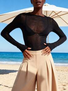 ChicMe Women See Through Mesh Long Sleeve Tee Slim Fit Round Neck Pullover Top Casual Sexy Club Streetwear Y2K - Black - View 4