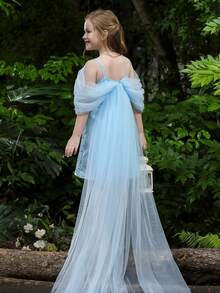 Tween Girl Off-Shoulder Trailing Mesh Sequin Party Dress, Princess Dress Suitable For Birthday Gift, Banquet, Wedding, Bridesmaid, Prom, Party, Holiday Celebration - Baby Blue - View 7