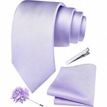 Solid Formal Tie And Pocket Square Plain Necktie Lapel Pin And Set For Men - F-Tím nhạt -2 - Xem 1