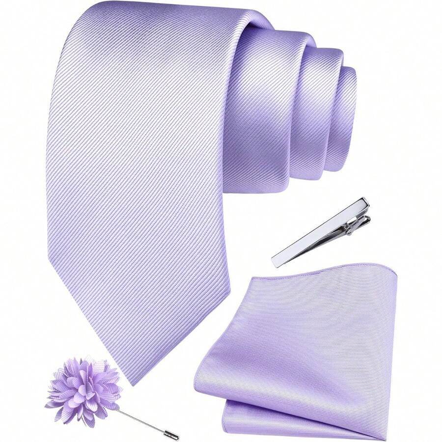 Solid Formal Tie And Pocket Square Plain Necktie Lapel Pin And Set For Men - F-Tím nhạt -2 - Xem 1