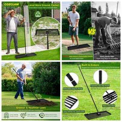 Lawn Leveling Rake, Heavy - Duty 90x30cm Turf Leveling, Adjustable 210cm Handle, Soil Sand Spreader, Lawn Care Rake Yard, Garden, Course Sports Fields