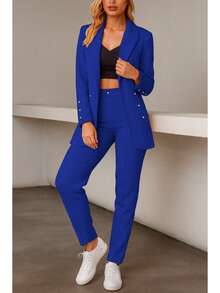 Elegante conjunto de traje liso de manga larga con cuello chal y doble botón para mujer, con bolsillos, para oficina y trabajo. - azul real - Ver 3