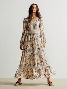 Rusttydustty 波西米亚风女式印花撞色蕾丝V领长袖优雅连衣裙，适合音乐节、斋月及其他场合，春假期间穿着。 - 杏色 - 查看 3