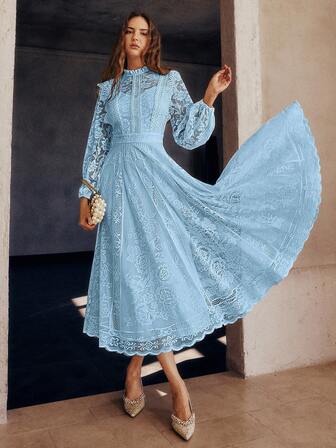 Simplee 女士秋冬新款纯色蕾丝连衣裙，喇叭下摆，长袖优雅连衣裙，适合晚礼服、派对礼服、生日礼服、婚礼宾客礼服、毕业礼服、圣诞礼服