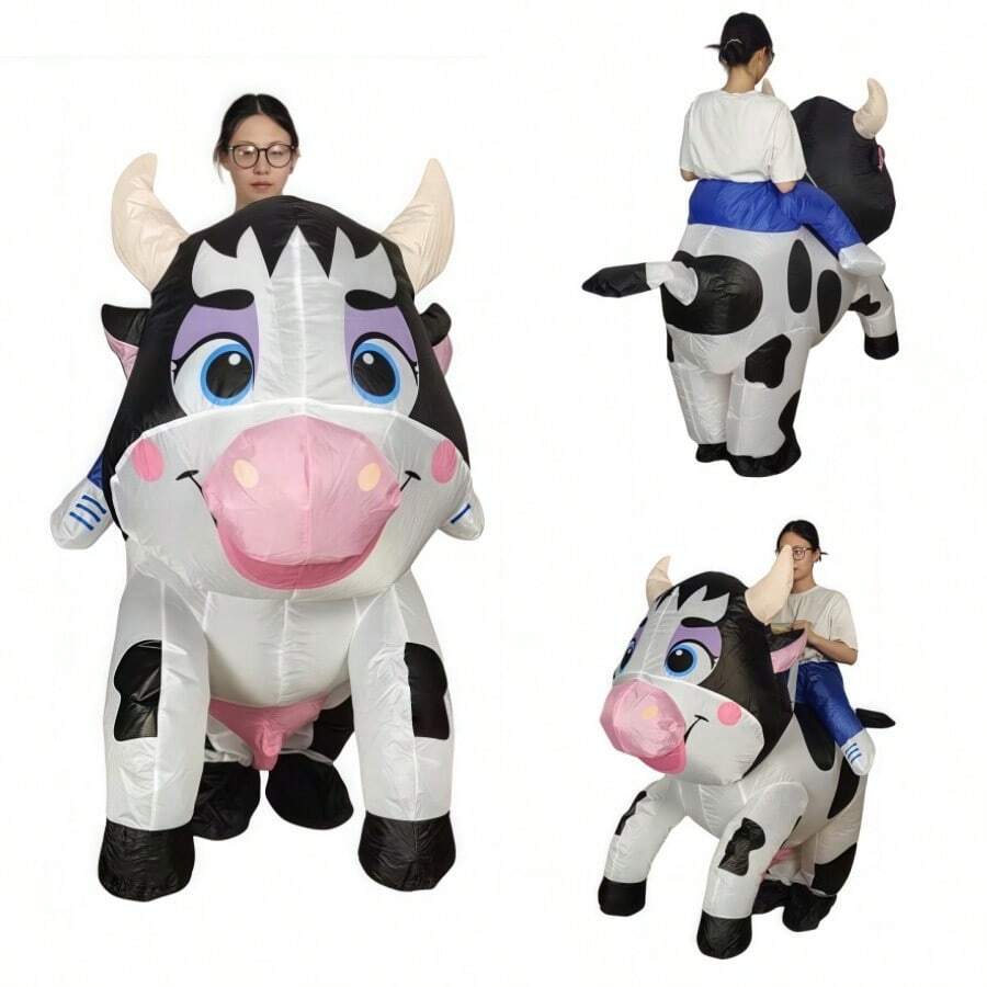 充气奶牛服装动漫骑乘吉祥物套装圣诞节万圣节派对角色扮演牛奶牛奇装异服行走趣味套装 - 彩色 - 查看 1