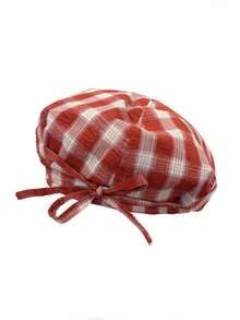 1 chiếc mũ nồi kẻ sọc cổ điển, mũ họa sĩ mùa hè dành cho nữ, chu vi đầu nhỏ, trang trí nơ - Đỏ - Xem 3