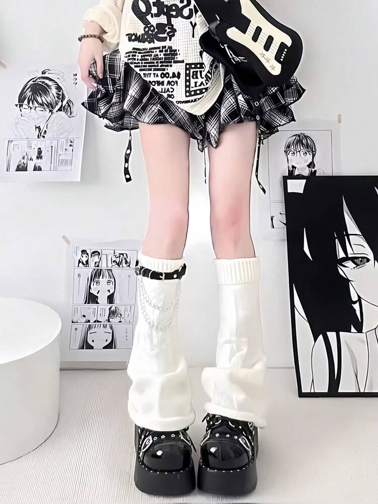 1 paire de jambières tricotées à chaîne en forme de cœur, style punk goth, jambières gothiques noires pour femmes, accessoire mode sweet & edgy, jambières évasées Lolita de la sous-culture Harajuku Y2K - Multicolore - Voir 8