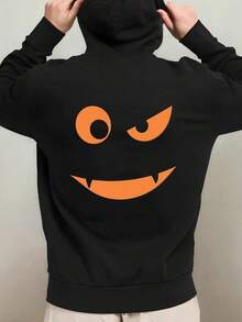 1 Pack Men'S Funny Jack-O'-Lantern Face Hooded Sweatshirt - Oversized Black Halloween Hoodie With Smiling Pumpkin Design, Machine Washable, Comfortable Casual Pullover For Costume Parties & Ca (1),Fall Hoodies,Men's Fall Clothes,Street Wear,Halloween,Mens Hoodies,Y2k Clothes,Jesus Hoodie,Thanksgiving Day,Nightmare Before Christmas,Christmas - 黑色 - 查看 1