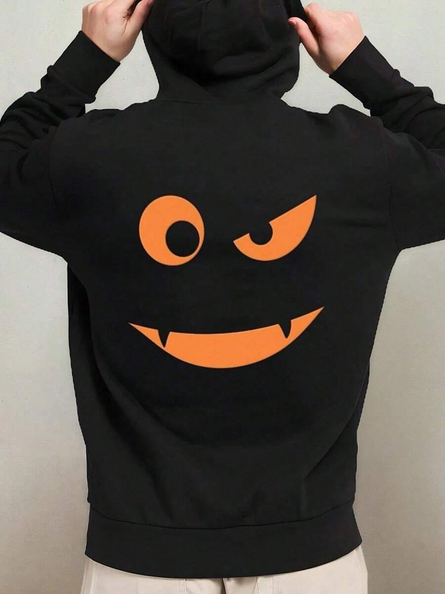 1 Pack Men'S Funny Jack-O'-Lantern Face Hooded Sweatshirt - Oversized Black Halloween Hoodie With Smiling Pumpkin Design, Machine Washable, Comfortable Casual Pullover For Costume Parties & Ca (1),Fall Hoodies,Men's Fall Clothes,Street Wear,Halloween,Mens Hoodies,Y2k Clothes,Jesus Hoodie,Thanksgiving Day,Nightmare Before Christmas,Christmas - 黑色 - 查看 1