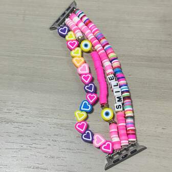 1 件女士优雅粉色心形与恶魔眼弹力绳波西米亚弹力绳软陶瓷表带兼容 38/40/41/42/44/45/46/49 毫米，适合 S10