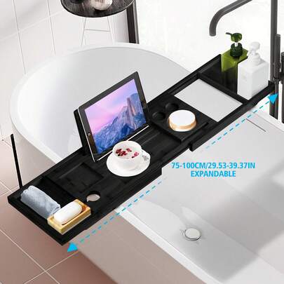 Expandable Over Bathtub Tray Caddy Black Bamboo Bath Spa Tub Storage Rack Wineglass Cup Phone Tablet Holder Candle Book Shelf Bathroom Organizer 75-100cm Adjustable Length