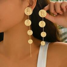 1 Pair New Autumn/Winter Long Tassel Geometric Goddess Head Coin Elegant Everyday Earrings