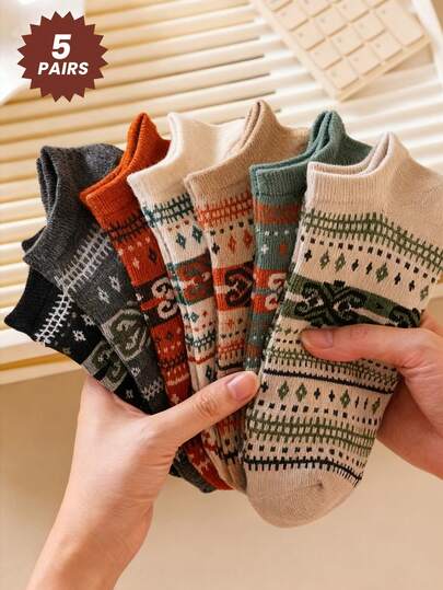 5 pares de calcetines de tobillo a rayas de estilo retro de colores aleatorios, calcetines de tripulación, calcetines invisibles adecuados para otoño e invierno