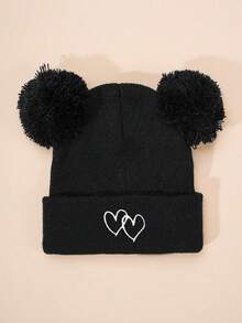 3pcs/1pc Embroidered Double Pom Pom Heart Knit Beanie, Ski Warm Baby Boys Girls Unisex Hats, Y2K Style Outdoor Cold-Proof Knit Cap, Casual Versatile Winter Warm Beanies, Suitable For Costume Kids