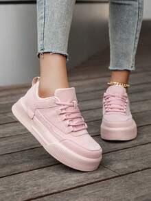 Women's Simple Patchwork Comfortable Versatile Casual Black Flat Shoes, Personalized Outdoor Fashion Business Lace-Up Skateboard Sneakers - Pink - View 5