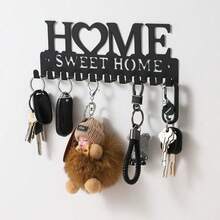 1pc Black Key Holder Wall Mounted Storage Rack, Metal Art Decorative Hook For Coats, Hats, Entrance Hallway - 黑色 - 查看 6