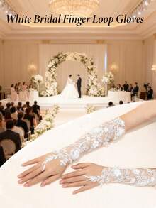 White Bridal Finger Ring Gloves, Suitable For Wedding, Party, Evening Dress Accessories (Rhinestone Decoration Random), Autumn Accessories, Polyester Fiber Material, Suitable For Wedding, Proposal, Photography And Other Occasions. - Multicolor - View 2
