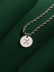 1件装时尚嘻哈风不锈钢26字母A-Z吊坠，搭配不锈钢扭链项链，适合男士日常佩戴 - 銀色 - 查看 27