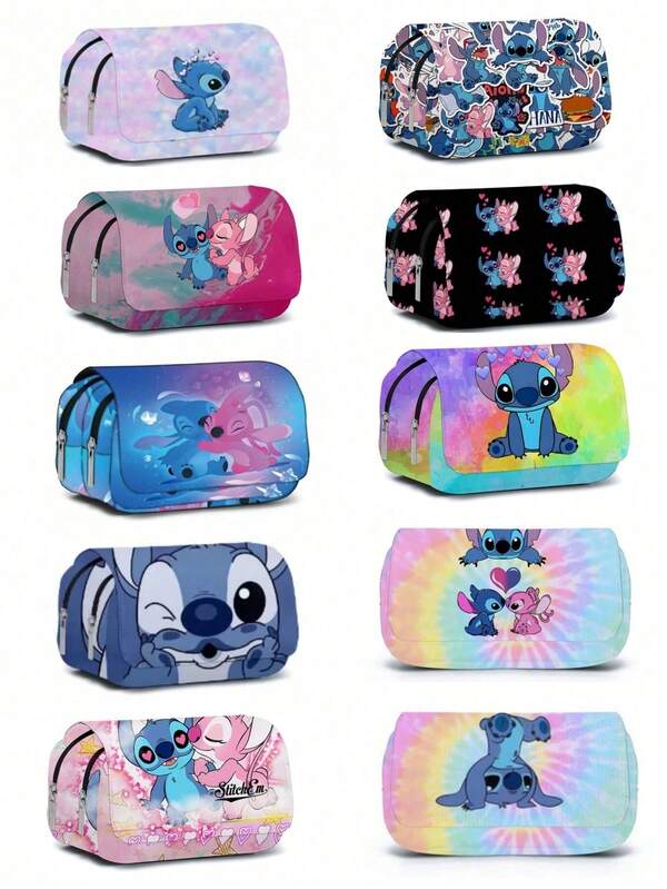 Printed Stitch Mickey Minnie School Bag Stitch Double Layer Flip Pen Pen Bag Stationery Box Kawaii Cartoon School Bag For Lipstick, Brush, Skincare, Mobile Phone, Coin, Small Items, For Home, Gift, Vacation And Festival Halloween Christmas Multifunctional Use