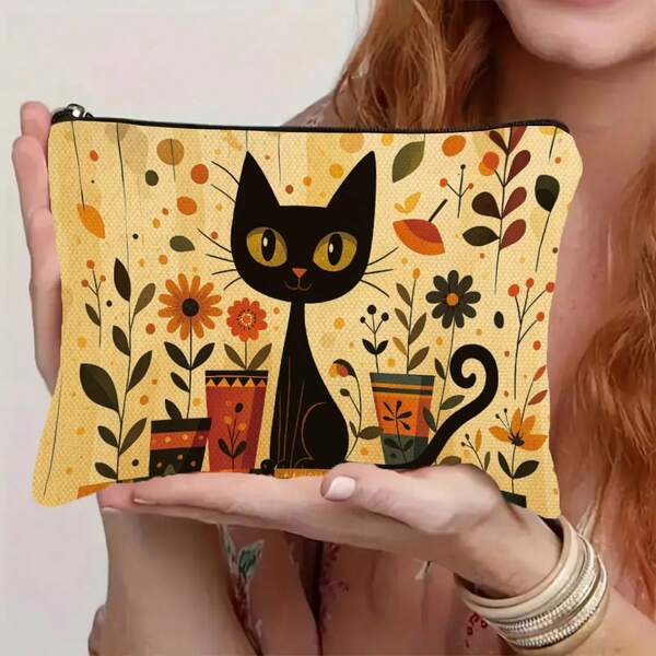 Cat And Floral Makeup Bag – Double-Sided Printed Portable Pouch With Zipper Closure, Ideal For Storing Cosmetics And Toiletries, A Perfect Birthday, Thanksgiving, Mother's Day, Or Christmas Gift For Cat-Loving Sisters, Moms, And Friends