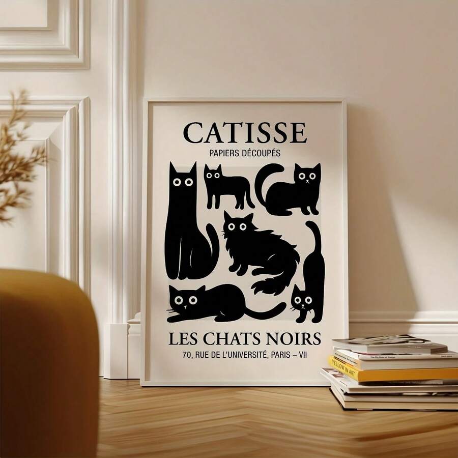 Catisse 黑猫艺术印刷品 Les Chats Noirs 海报、马蒂斯猫咪印刷品墙面艺术、法式猫咪装饰、现代猫咪印刷品母亲节、无框墙面帆布艺术海报，适用于卧室、客厅、办公室、厨房、书房等家居装饰 - 彩色 - 查看 1