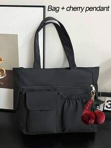 女士时尚纯色尼龙多功能手提包，简约多口袋大容量腋下包，多功能手提包，休闲旅行假日购物手提/单肩包，商务通勤日常外出笔记本电脑包，适合学习、工作、通勤和日常使用，返校包 - 黑色 - 查看 16