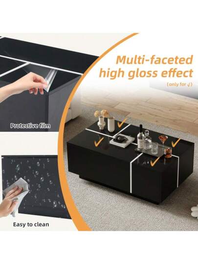 Moderne Zwart Square Coffee Table, Sofa Tafel In Patchwork High Gloss Finish, 100 60 40 Cm Living Room Four Drawers, Sliding Top, Load Capacity Up To 30 Kg view 6