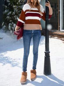 Women's Fashion Colorblock Striped Knit Ribbed Trim Sweater, Suitable For Holiday, Office, And Everyday Wear