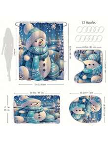 1/4 件套雪人浴帘套装 - 白色和红色，带浴室垫和挂钩 - 适合圣诞节浴室装饰 - 为您的浴室增添节日气氛 - 为您的淋浴区带来节日气氛 - 彩色 - 查看 4