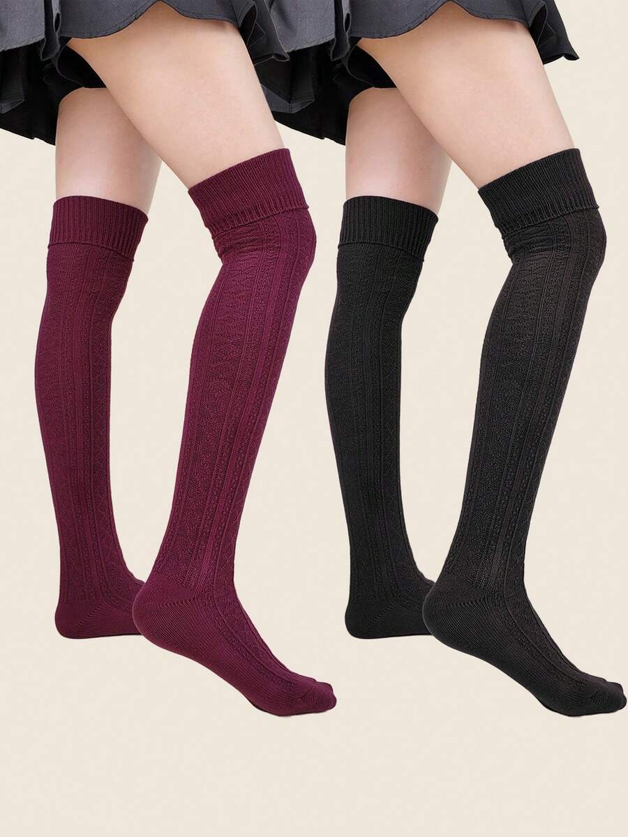 1 Đôi tất len dài đến đầu gối ấm áp dày dặn dành cho nữ, sọc đen và đỏ tía, tất ống dài thường ngày, tất đi trong nhà thoải mái, mùa thu/đông - Nhiều màu - Xem 1