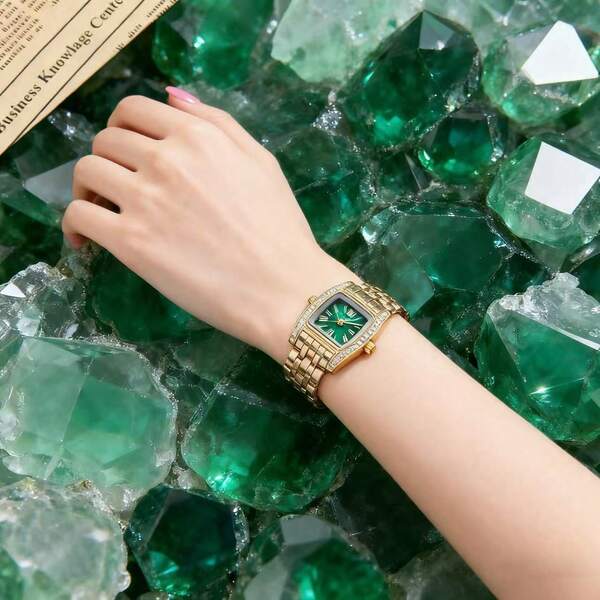 Vintage Rhinestone Gold Watch, Square Gemstone Green Dial Ladies Watch, Luxury Chain Strap Fashion Wristwatch
