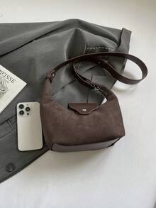 1 pezzo Borsa a spalla  marrone tinta unita con tracolla rimovibile, chiusura con cerniera, borsa da donna alla moda per uso quotidiano, shopping, appuntamenti