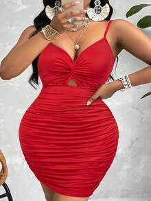 Plus Size Women's Sexy Twist Front Ruched Bodycon Mini Dress For Casual, Party, Date Elegant Summer - Retro Red - View 5