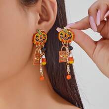 Halloween Pumpkin Pendant Earrings, Gothic Style Tassel Earrings For Women