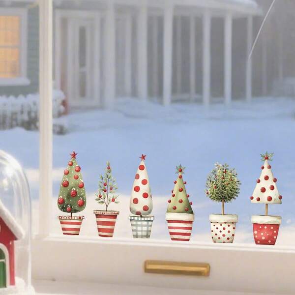 Christmas Window Stickers, Small Christmas Pine Tree Colorful Tree Potted Glass Door And Window Decals, Reusable Winter Christmas Pine Tree Decorations Window Stickers, Party Decorations