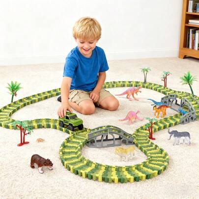 135pcs/141pcs Dinosaur Racing Track Toy Set, Build Dinosaur Racing World With Flexible Track Toy Set, Jurassic Dinosaur Track Toy Set, Dinosaur Racing Track Toy, Suitable For Toddlers Toys And Birthday Gifts, Suitable For 3 4 5 6 7 8 9 10 11 12 Years Old Boys And Girls Birthday Party Gifts/Christmas Gifts/New Year Gifts, Boys Electric Car Toy Set, DIY Track Racing Kit, Requires Non-Rechargeable AA Batteries