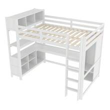 Hochbett 140x200 cm mit SCHREIBTISCH & KLEIDERSCHRANK | Komplett-Arbeitsplatz mit Regalen & Ablagefächern | Raumwunder für kleine Zimmer | Ohne Matratze, weiß