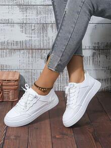 Women White Sneakers Spring Autumn Sport Running Shoes Casual Lace Up Flat Skid-Proof Shoes - 純白色 - 查看 2