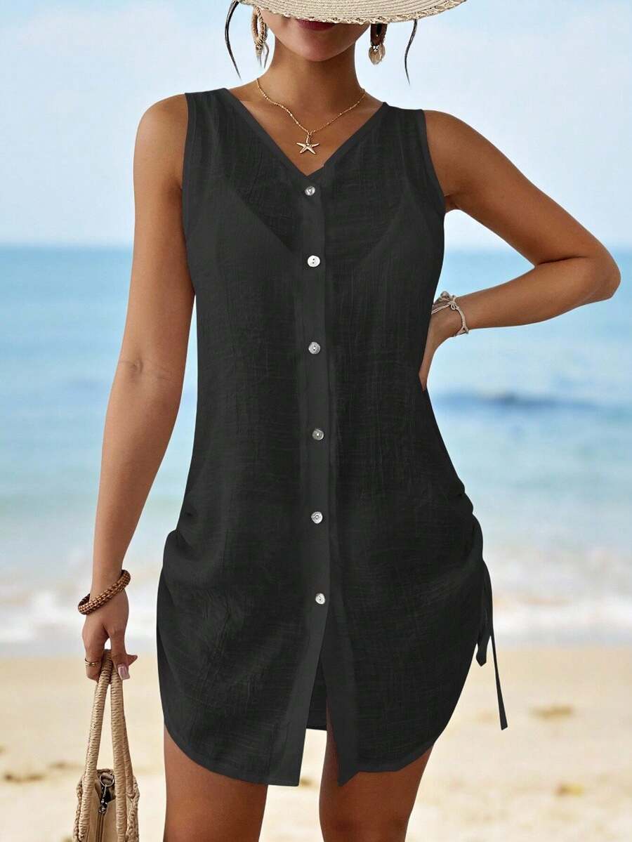 Swim Lushoire Women Solid Color V-Neck Single-Breasted Sleeveless Kimono Dress For Summer Beach Vacation - Black - View 1